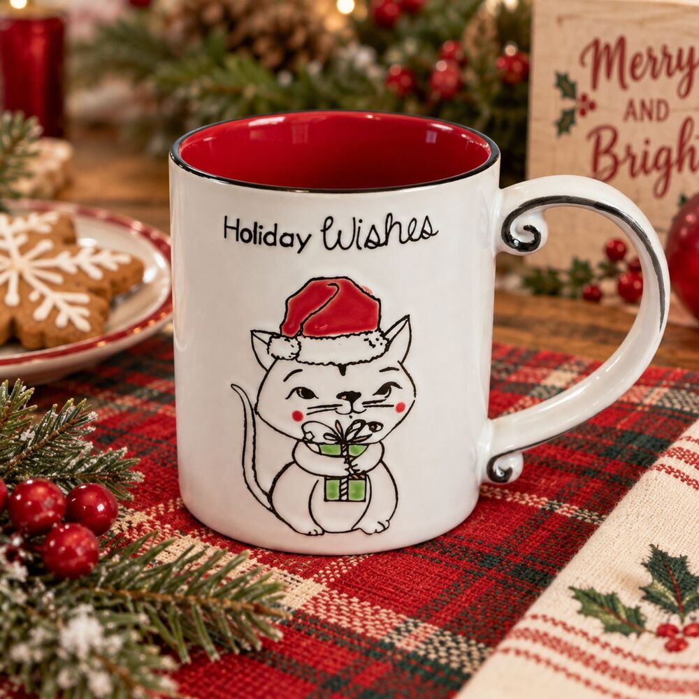 Spectrum Designz Holiday Wishes Cat Christmas Mug Red Interior Scroll Handle